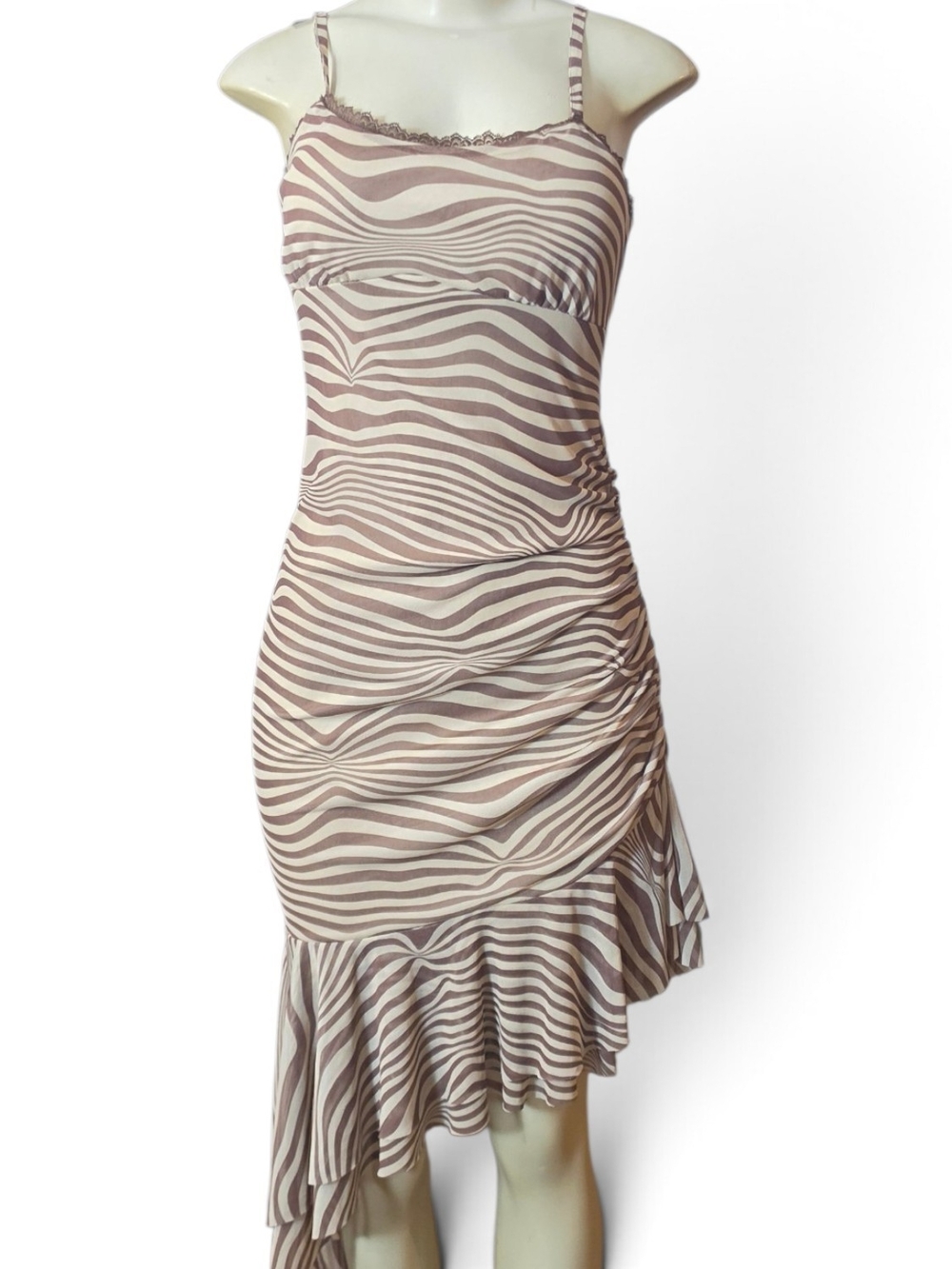 Wild Fable Zebra Print Asymmetrical Ruffle Midi Dress Brown Cream Lace Trim NWT